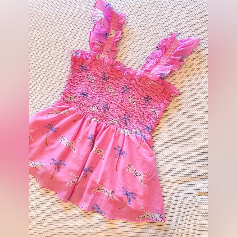 J. MARIE Remi Ruched Smocked Pink & Purple Leopard Palm Tree Ruffle Top Blouse - Picture 5 of 15